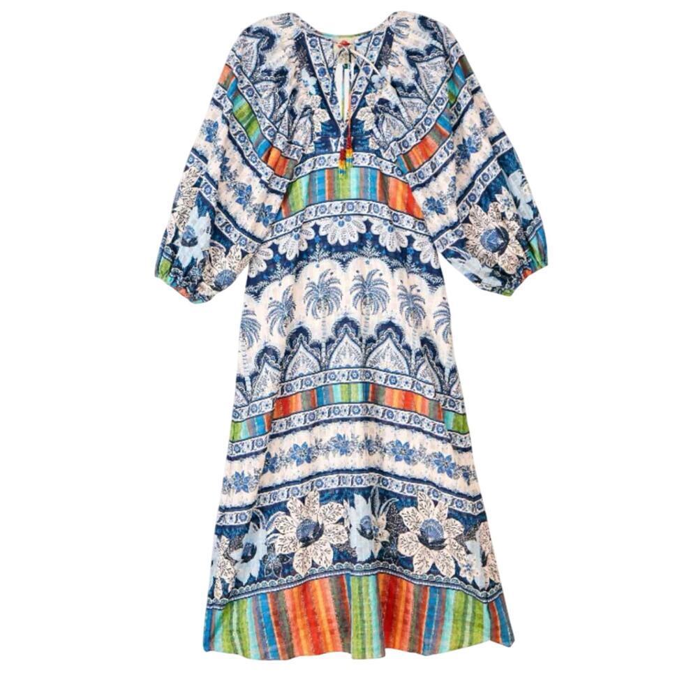 FARM Rio White and Blue Floral Maxi Dress with Multicolor Stripes